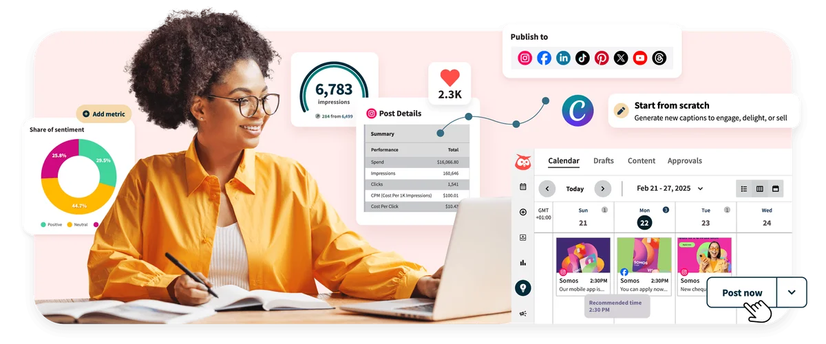 Hootsuite workspace UI showing a smiling woman managing social media content scheduling and analytics with a clean, modern interface.