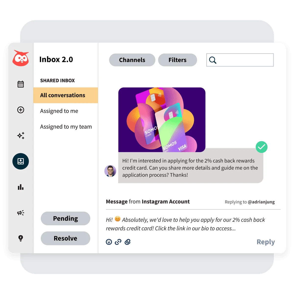 Hootsuite shared inbox UI showing a customer service conversation with a credit card image, in a clean, light-themed interface.