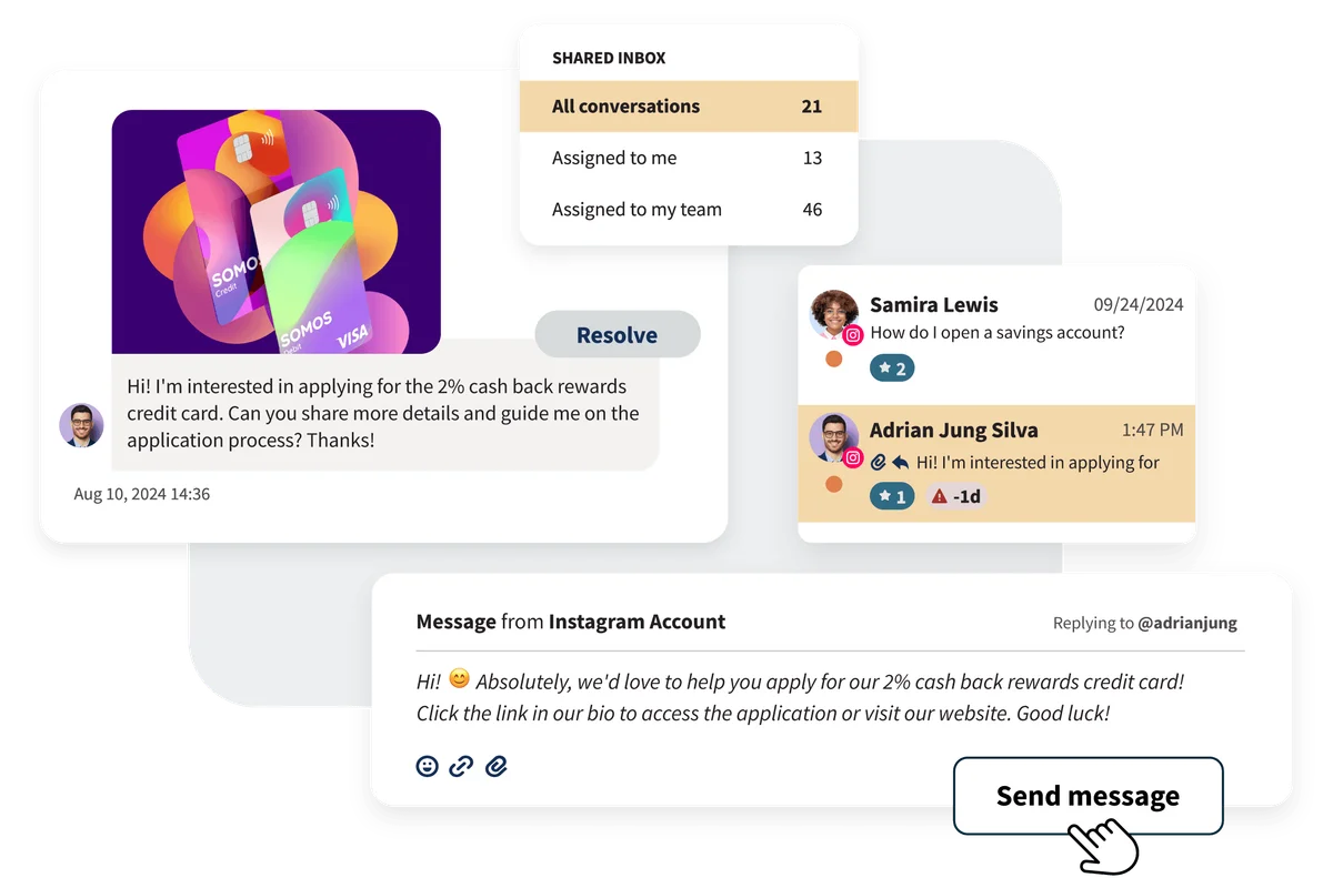 Hootsuite shared inbox showing a customer service conversation about a credit card application with a modern UI.
