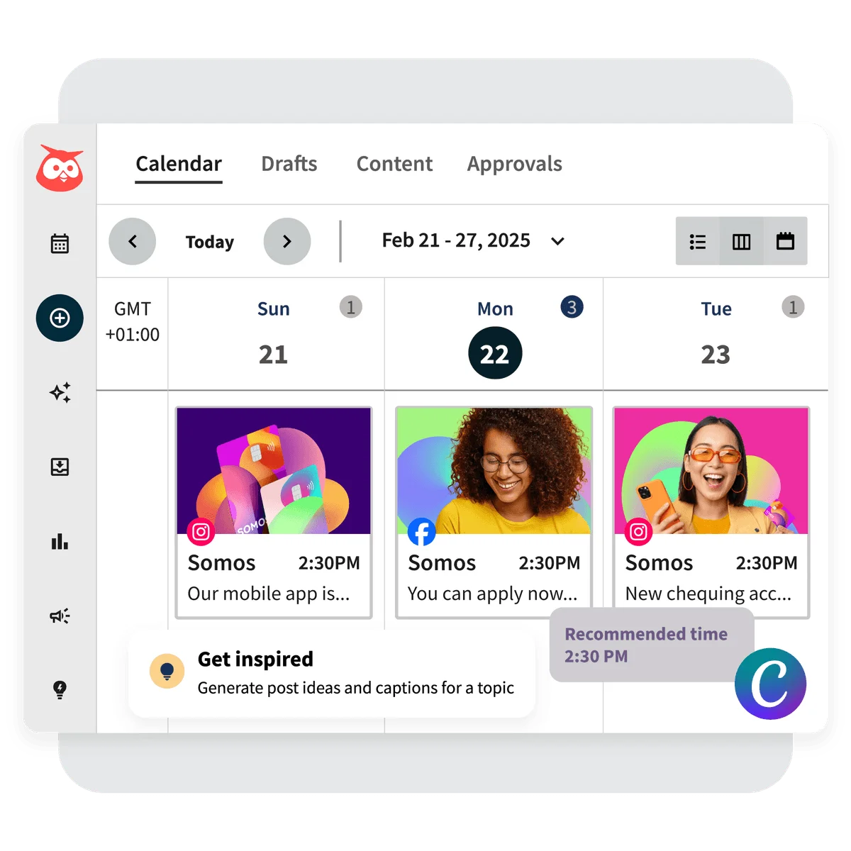 Hootsuite social media calendar showing scheduled posts and AI content ideas in a clean light-mode interface.