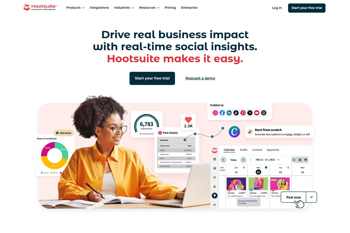 Hootsuite workspace UI showing social media scheduling, post analytics, and publishing options with a clean, modern interface.