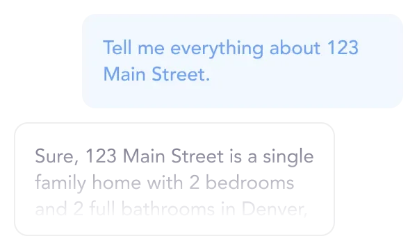 Housecanary chat interface showing property details for 123 Main Street via an AI chatbot.