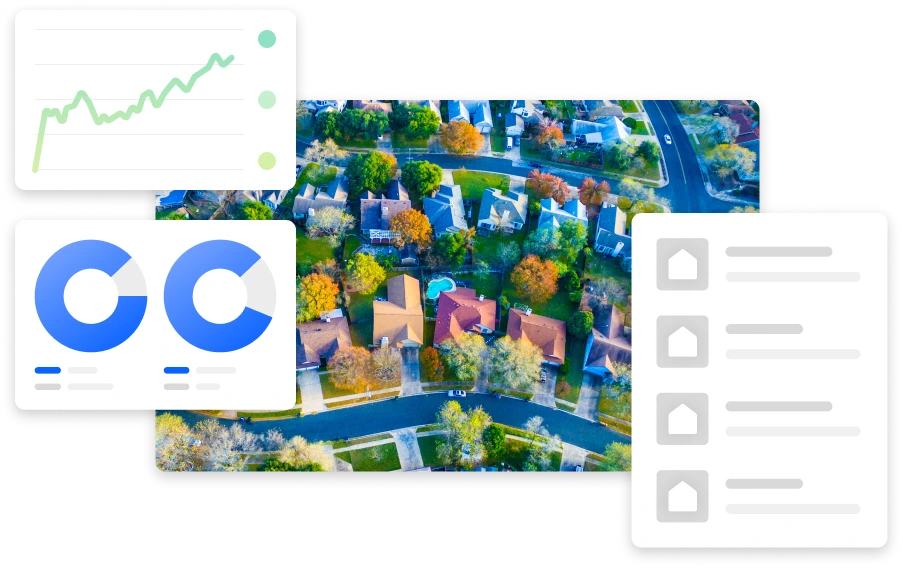 Housecanary output sample showing an aerial view of a neighborhood with overlaid charts, graphs, and property listings in a clean interface.