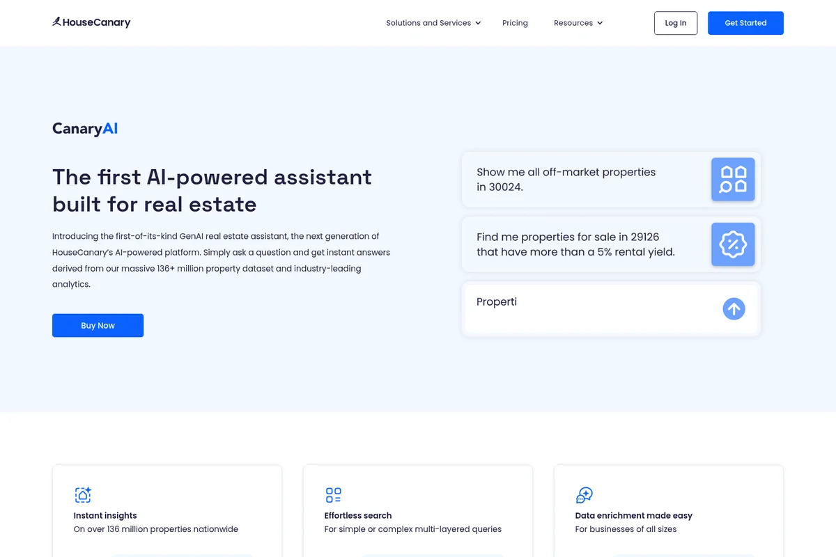 HouseCanary CanaryAI landing page hero demonstrating AI-powered real estate queries with a clean, modern interface.