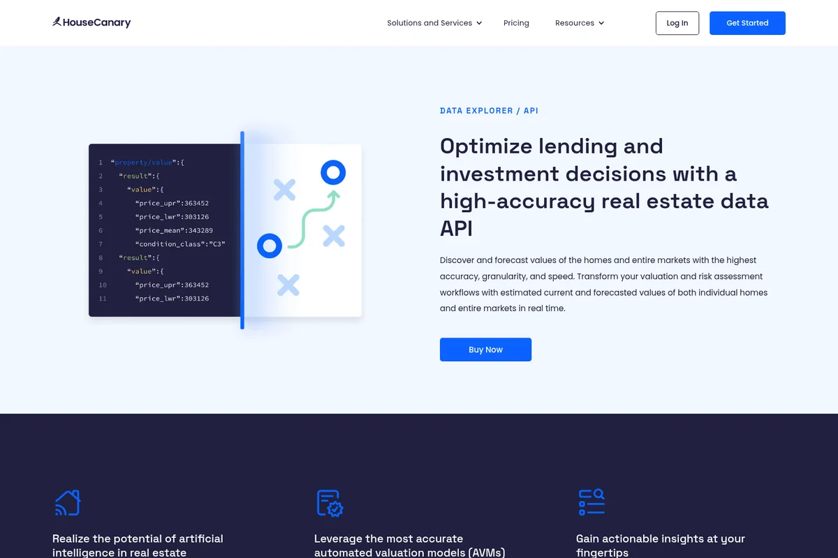 HouseCanary API landing page showing a code snippet with real estate data values and a graphic representing strategic decision-making with a clean, modern interface.