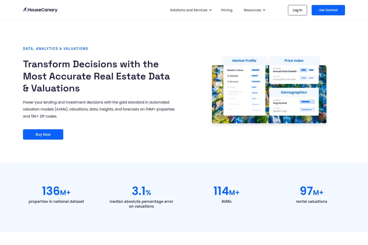 HouseCanary landing page hero displaying real estate data, analytics, and valuations in a modern interface with data cards.