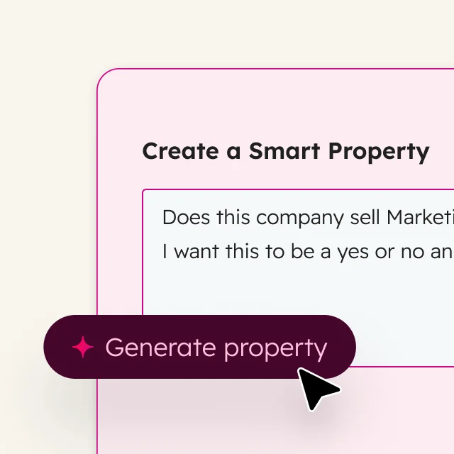HubSpot's 'Create a Smart Property' feature showing a user defining a property with a natural language prompt in a clean, modern interface.