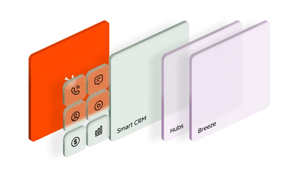 HubSpot platform concept showing layered Smart CRM, Hubs, and Breeze modules with glassmorphism icons in an isometric view.