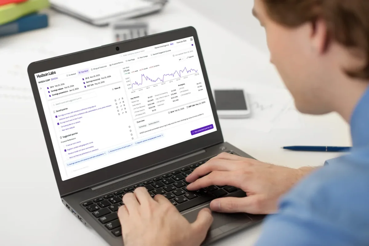 Hudson Labs workspace showing financial data analysis with stock charts, key metrics, and query management in a modern interface.