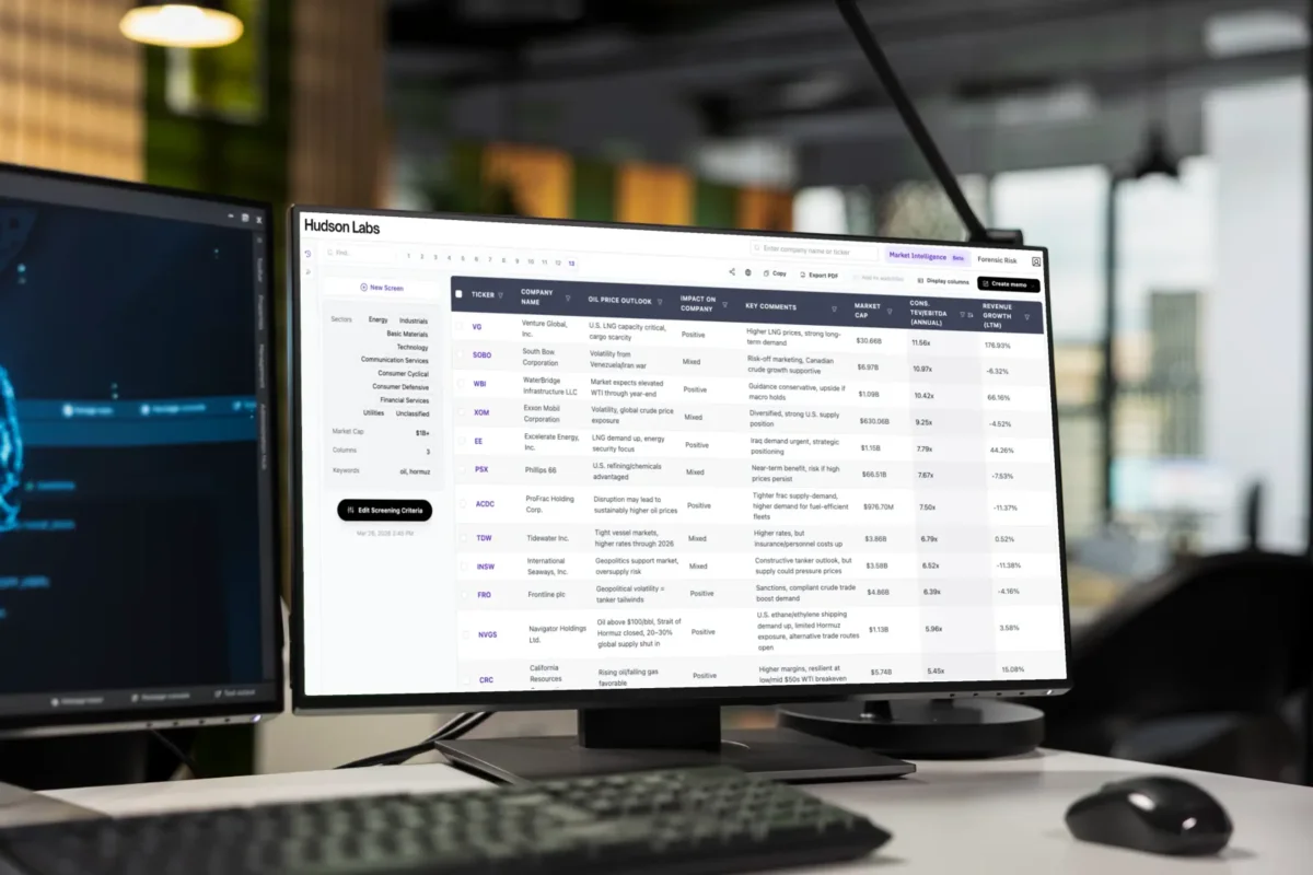 Hudson Labs market intelligence workspace displaying a data table of company financials and oil price outlooks with a clean white interface on a desktop monitor.