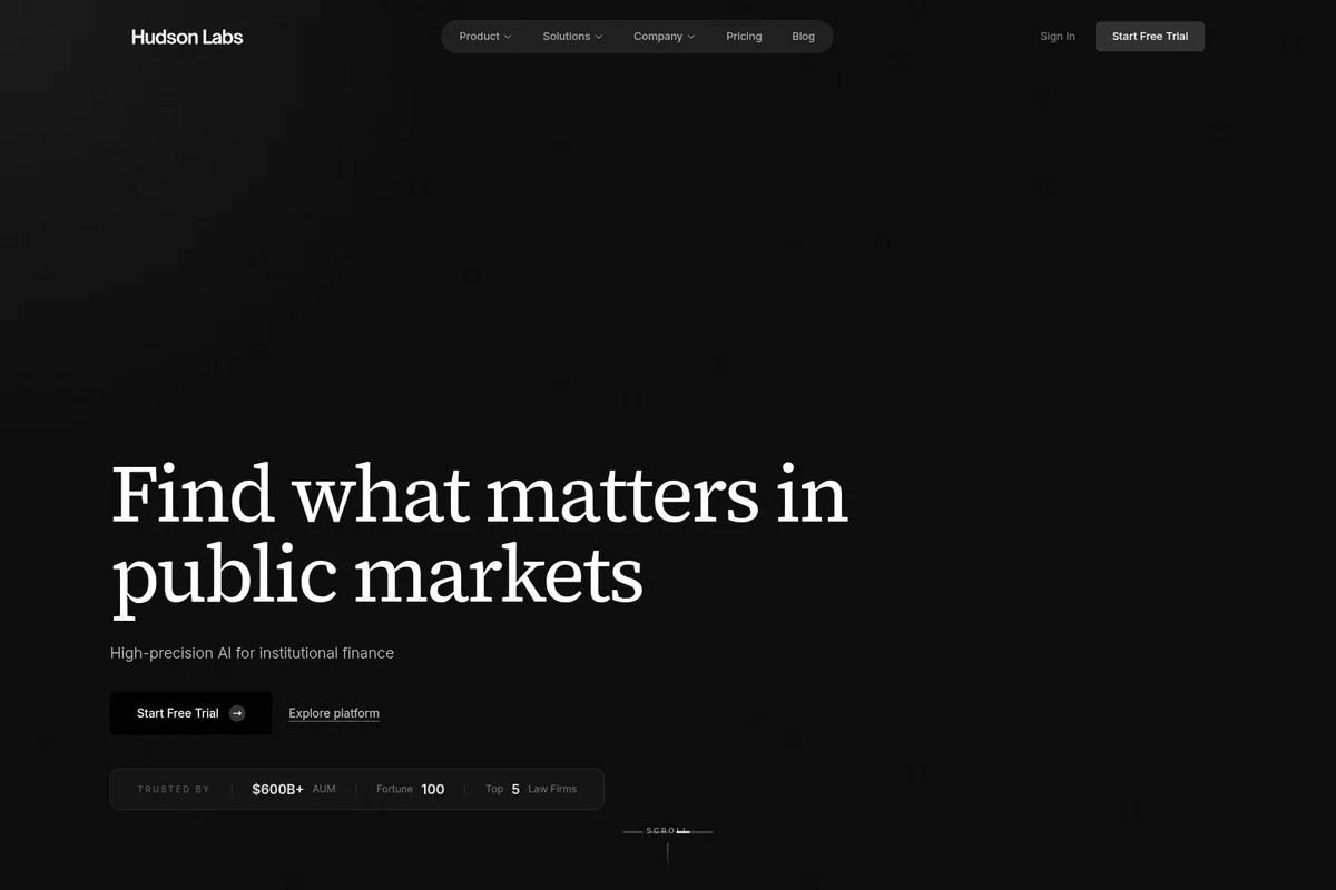 Hudson Labs homepage hero featuring the headline 'Find what matters in public markets' and call-to-action buttons in a sleek dark-mode design.