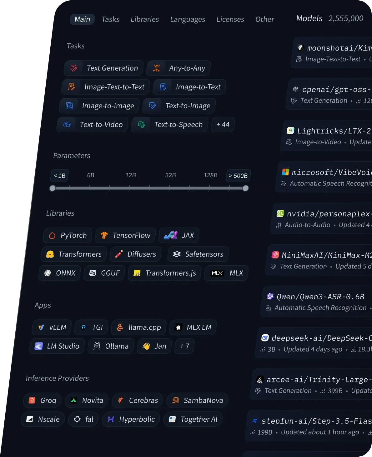 Hugging Face model gallery showing AI model filtering and discovery with a dark-mode interface