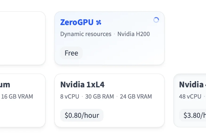 Hugging Face workspace showing GPU resource selection with specifications and pricing in a clean light theme.