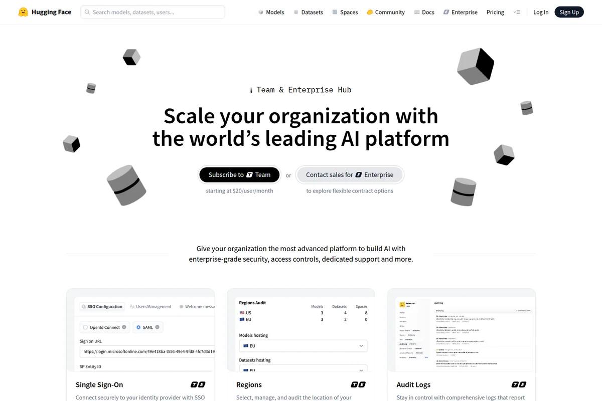 Hugging Face Enterprise Hub showcasing platform scaling capabilities with SSO, region audit, and audit logs in a clean, modern interface.