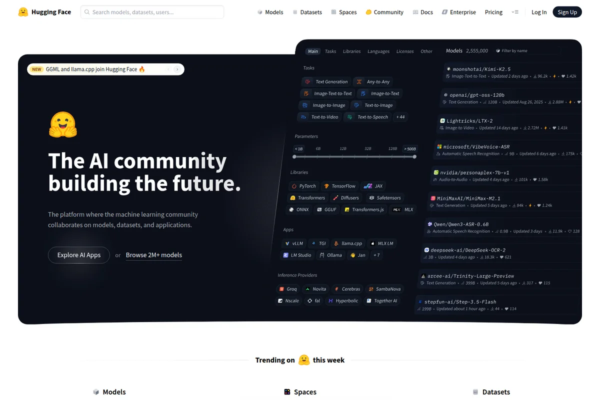 Hugging Face homepage showcasing the AI community message and a detailed model discovery panel with filters and over 2 million models, presented in a sleek dark theme.