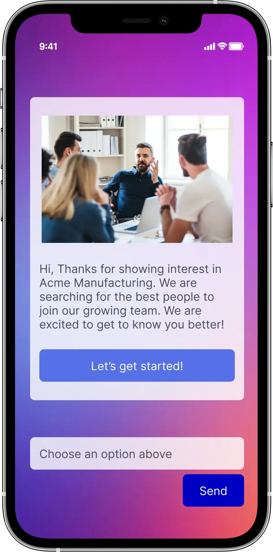 humanly workspace UI showing a welcome message from Acme Manufacturing and a 'Let's get started!' button in a clean conversational interface.