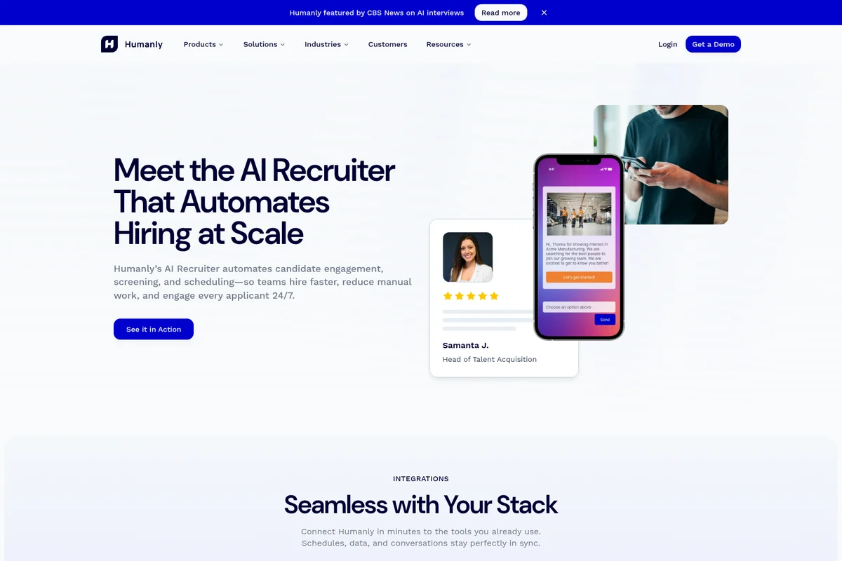 Humanly landing page hero promoting the AI Recruiter solution with a candidate chat interface mockup and a testimonial card.
