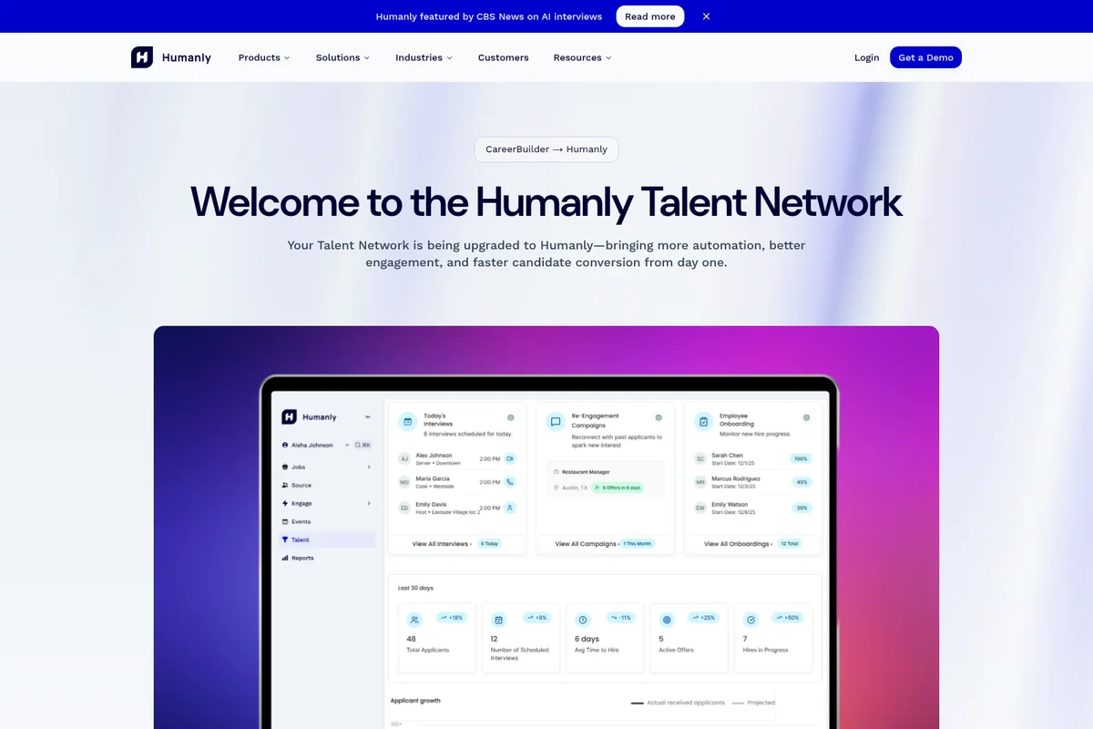 Humanly talent network workspace displaying scheduled interviews, re-engagement campaigns, and employee onboarding in a clean interface.