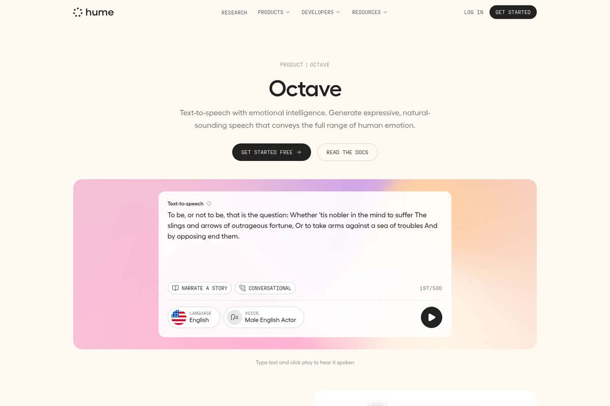 Hume AI Octave text-to-speech feature showing input text, voice selection, and play button in a clean, modern interface.