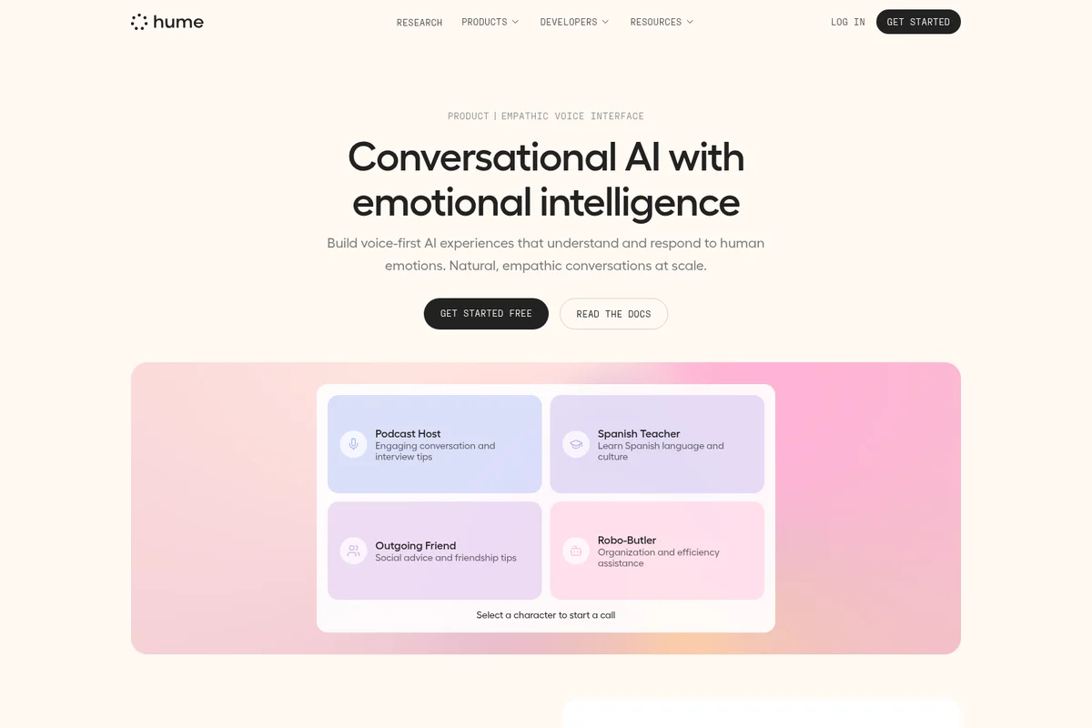Hume AI landing page demonstrating empathic conversational AI with character examples like Podcast Host and Spanish Teacher in a modern, soft-toned UI.