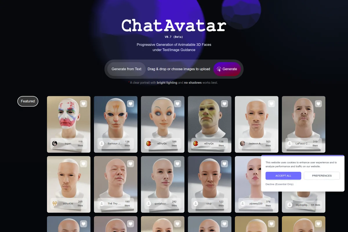ChatAvatar workspace showing 3D face generation with diverse output examples in a dark-mode interface.