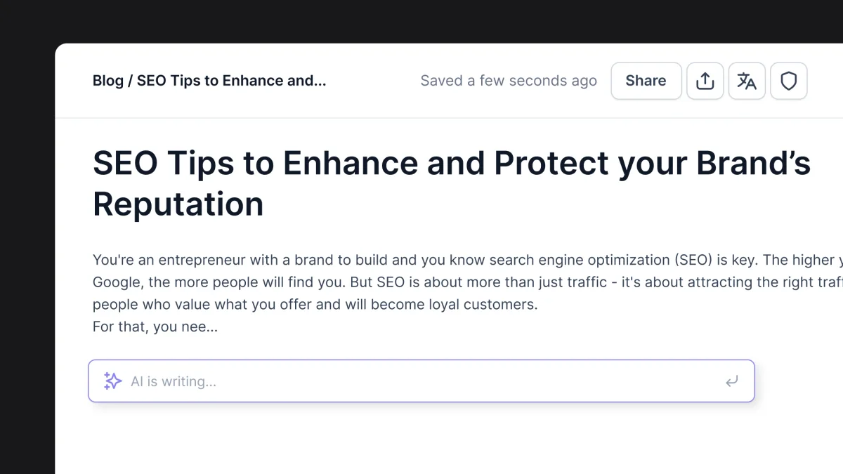 Hypotenuse AI content writing workspace showing AI actively generating text for an SEO article with a clean white interface.