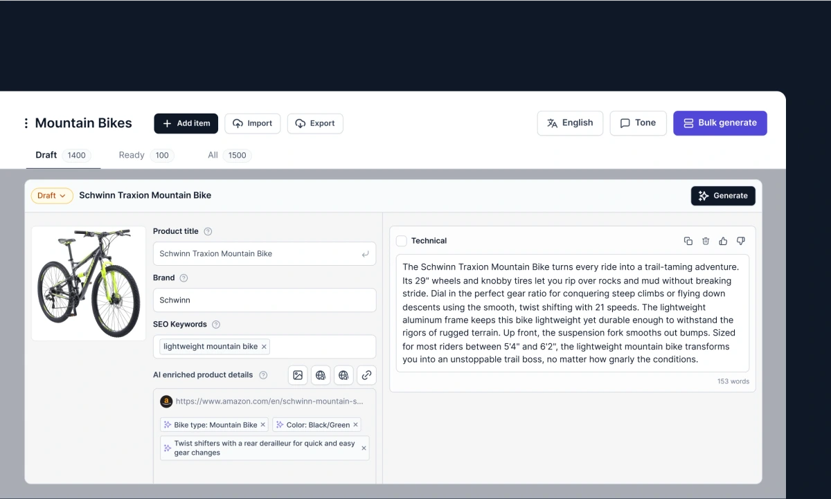 Hypotenuse AI workspace showing product description generation for a mountain bike with AI-enriched details and generated technical content in a clean light theme.