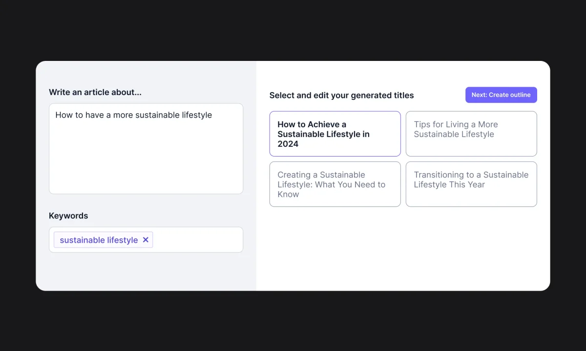 hypotenuse-ai content generation workspace showing article title suggestions for 'sustainable lifestyle' in a clean dark-mode interface.