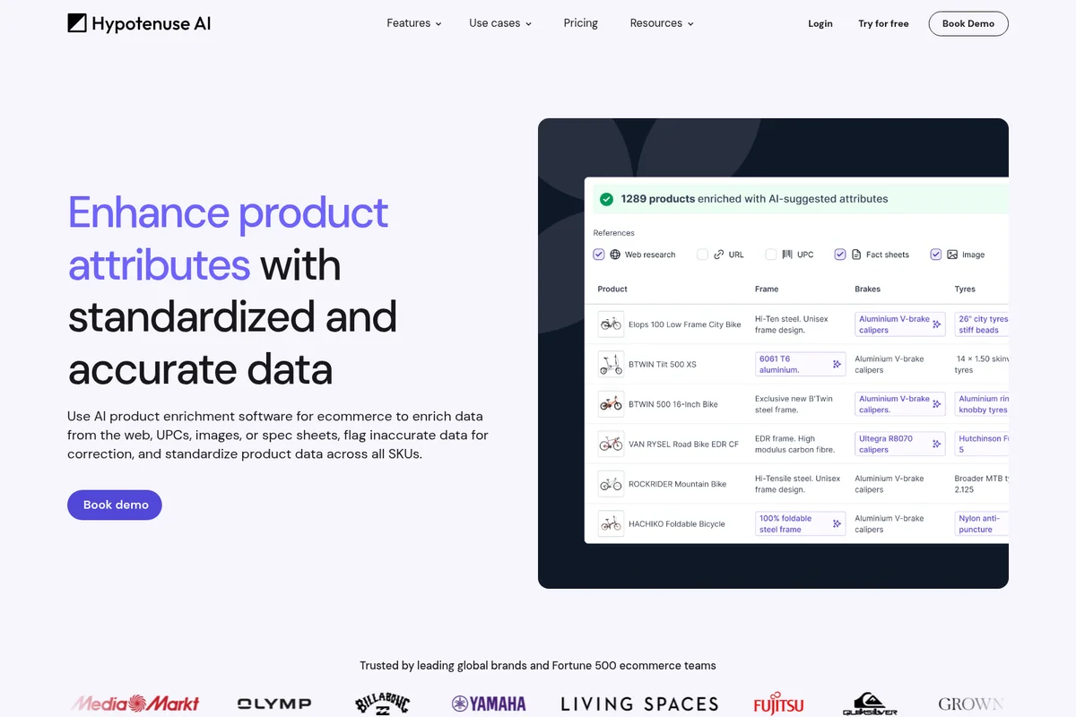 Hypotenuse AI product enrichment software showing enhanced bicycle attributes in a dark-themed data table UI.