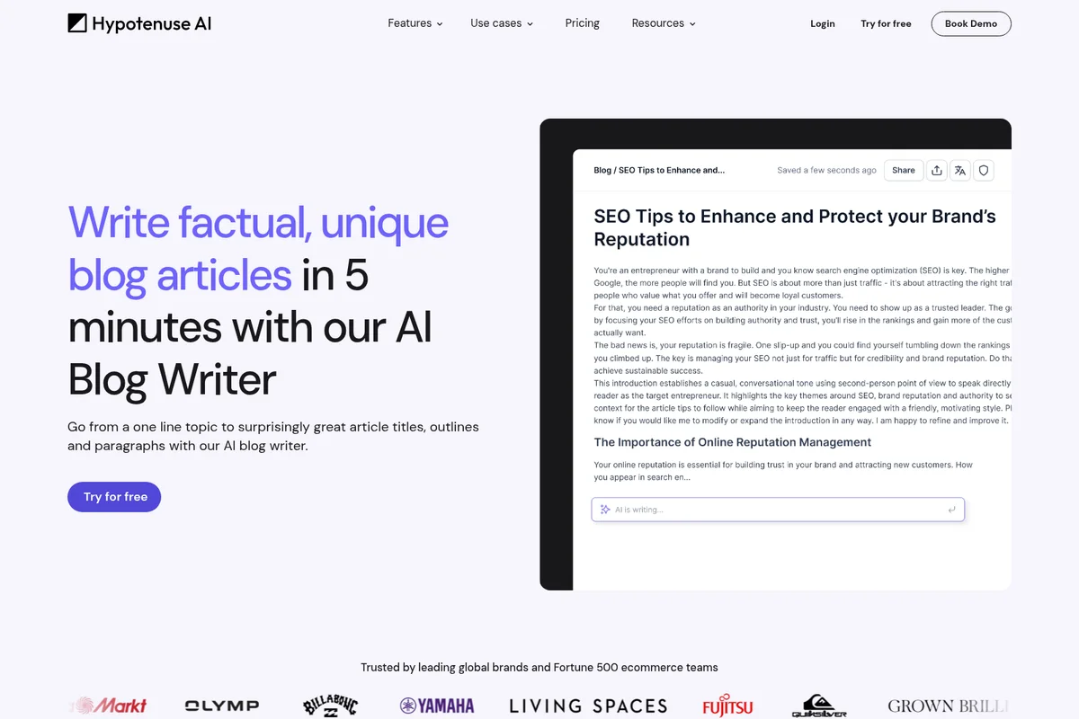 Hypotenuse AI landing page hero showing an AI-generated blog article within a dark editor interface.
