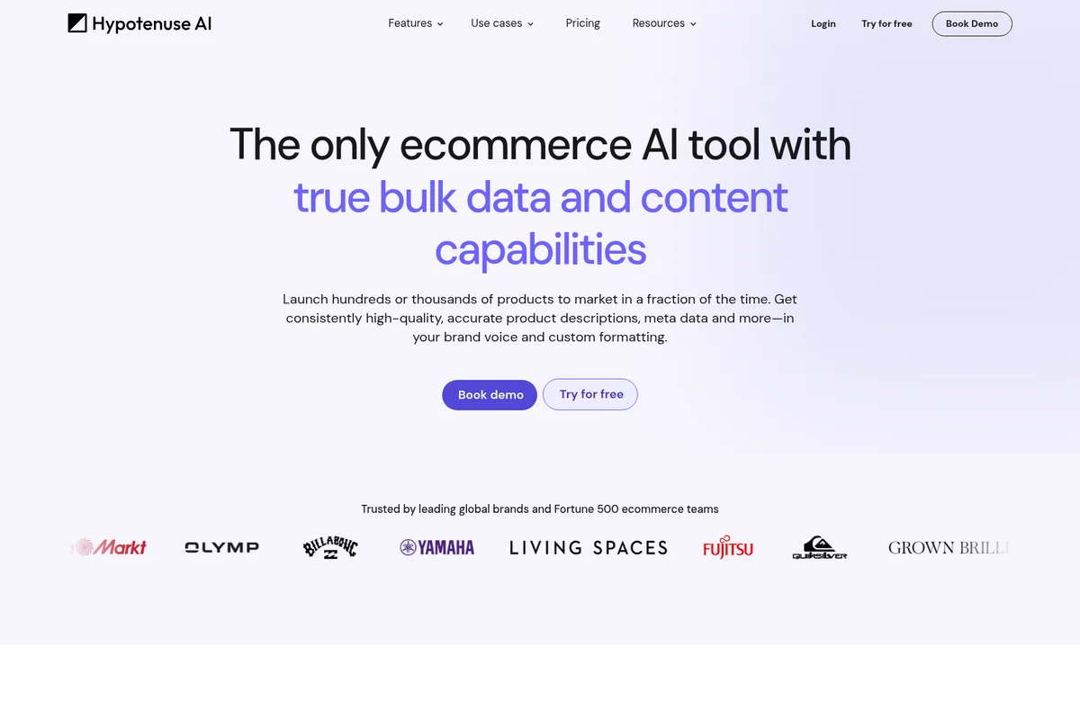 Hypotenuse AI landing page hero promoting bulk data and content capabilities for ecommerce with a clean, minimalist design and purple accent text.