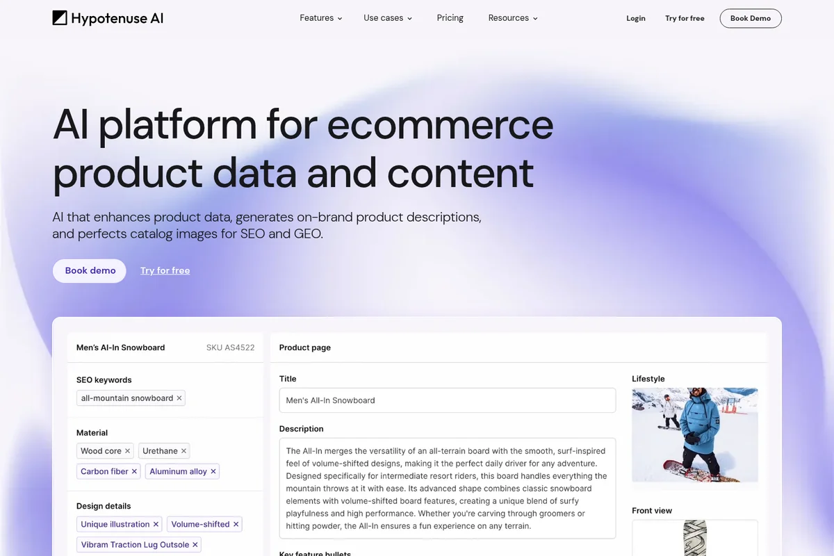Hypotenuse AI workspace showing AI-generated e-commerce product data including SEO keywords, material, description, and lifestyle images in a clean light-themed interface.