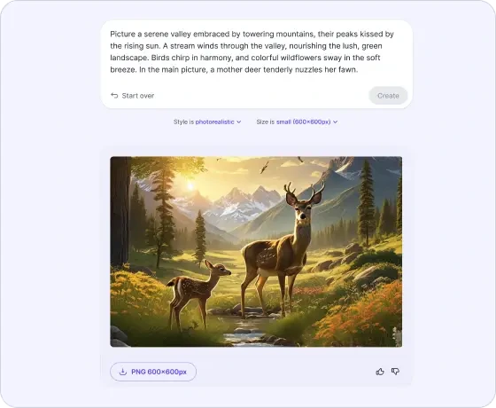 iask-ai output showing a photorealistic AI-generated image of deer in a serene mountain valley, with the generation prompt.