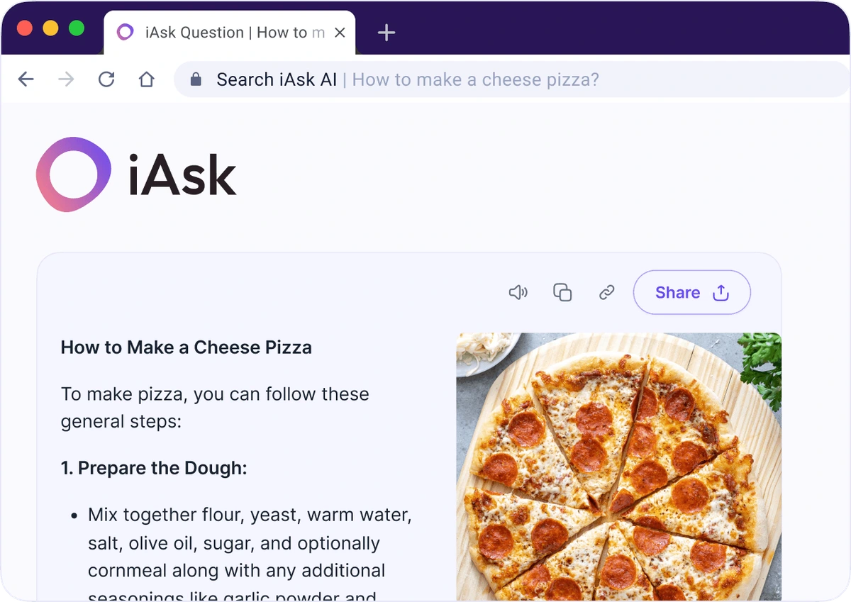 iAsk AI workspace showing an AI-generated recipe for cheese pizza with a clean, light interface.