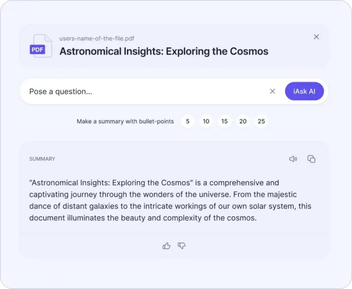 iAsk AI document workspace showing an AI-generated summary of a PDF document with a clean light-themed interface.