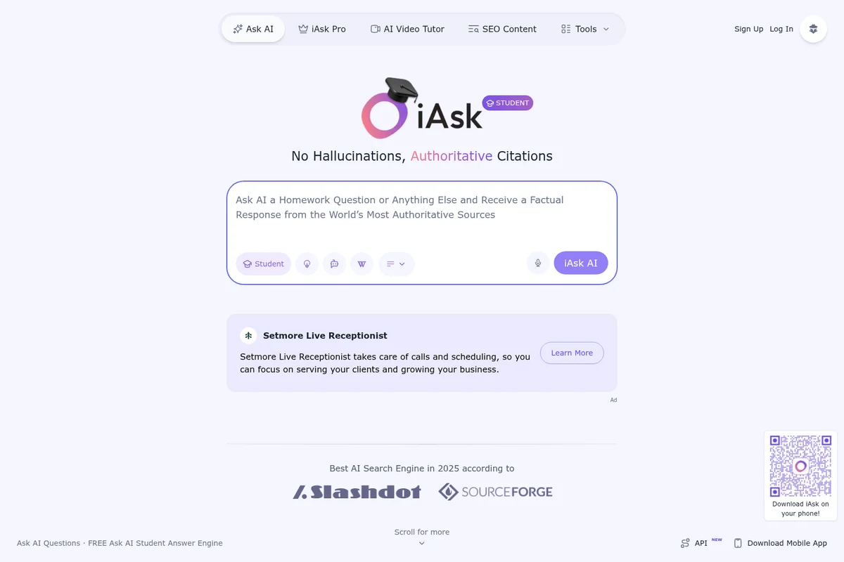 iAsk AI workspace showing the student question input field and interaction buttons with a clean, purple-accented interface.