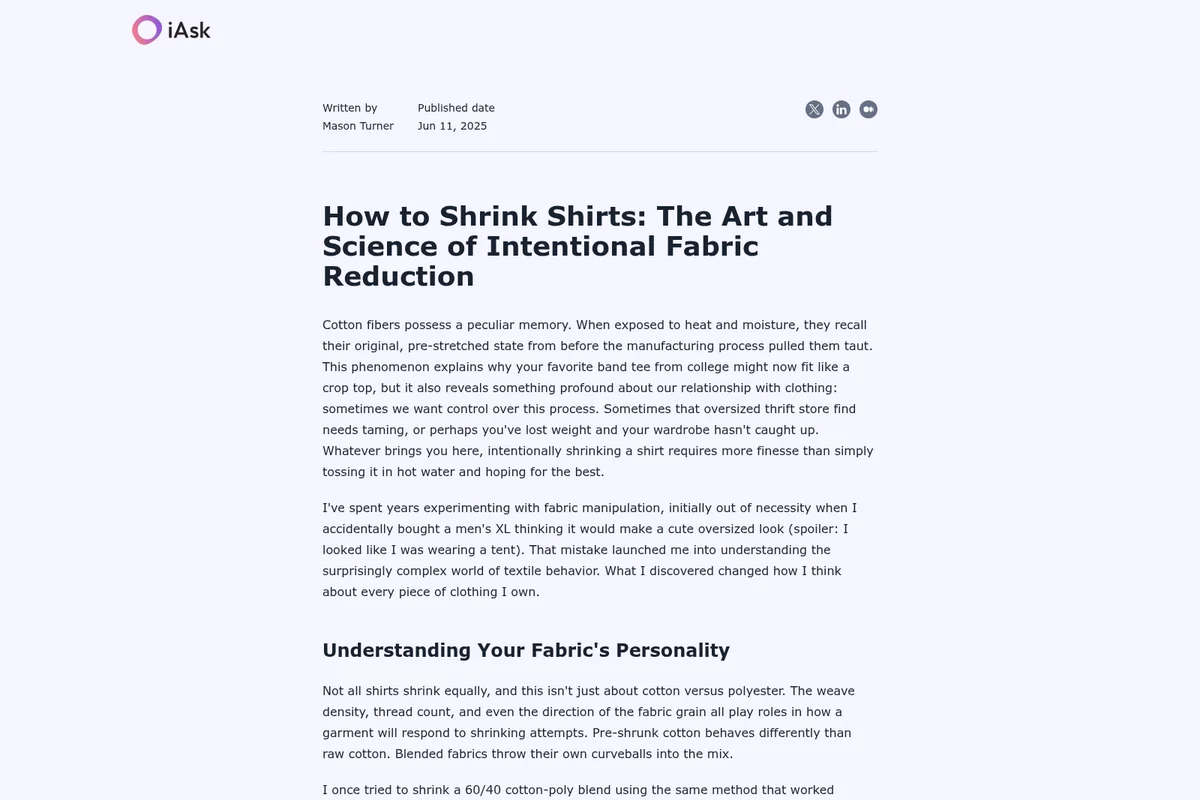 iAsk-ai article page titled 'How to Shrink Shirts: The Art and Science of Intentional Fabric Reduction' with author, publish date, and social share options, showcasing a clean web design.