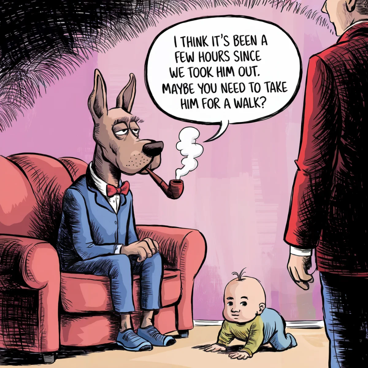 Ideogram AI generated cartoon image depicting a dapper dog in a suit smoking a pipe, telling a man to take a crawling baby for a walk, showcasing humorous and imaginative image generation.