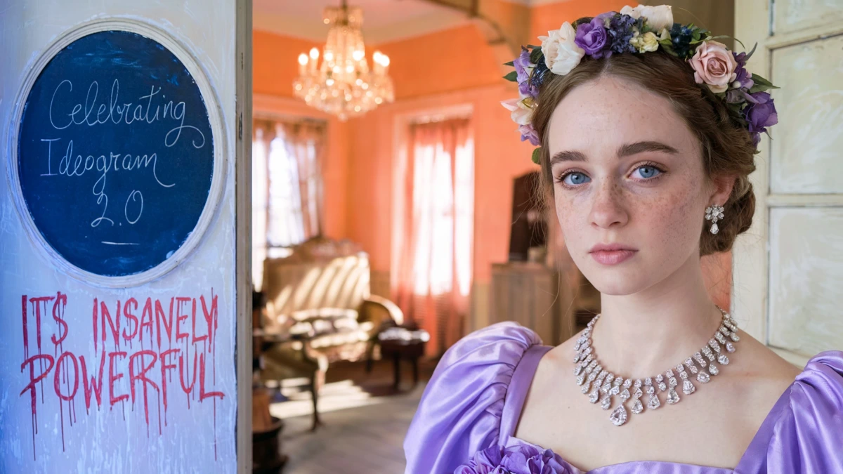 Ideogram AI output sample showing a photorealistic portrait of a woman with a flower crown and elegant jewelry, alongside product branding.