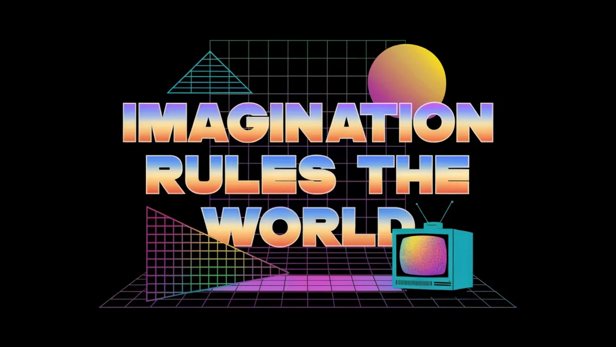 Ideogram AI generated graphic with 'Imagination Rules the World' text in a retro-futuristic style with neon geometric shapes on a dark background.