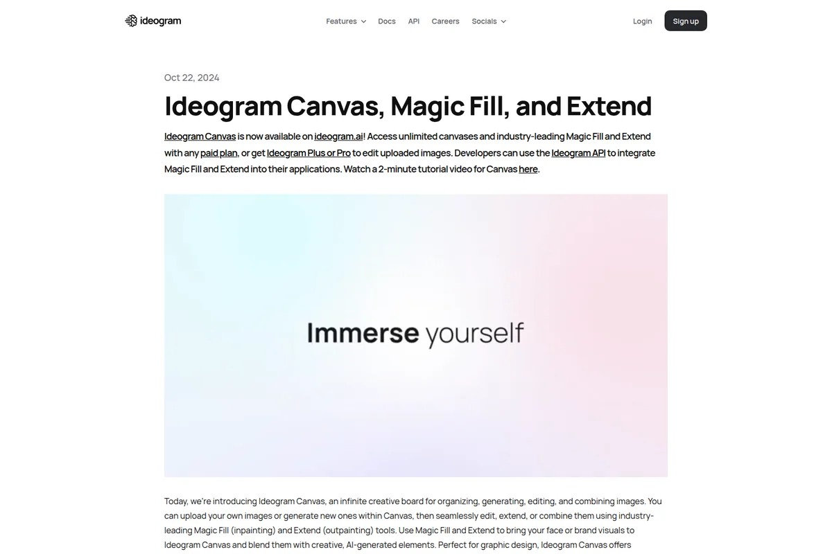 Ideogram AI announcement page introducing Ideogram Canvas, Magic Fill, and Extend with a soft gradient visual and inviting headline.