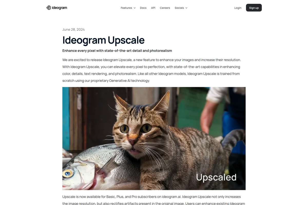 Ideogram Upscale feature page showing a photorealistic image of a tabby cat with a large fish, demonstrating enhanced detail.