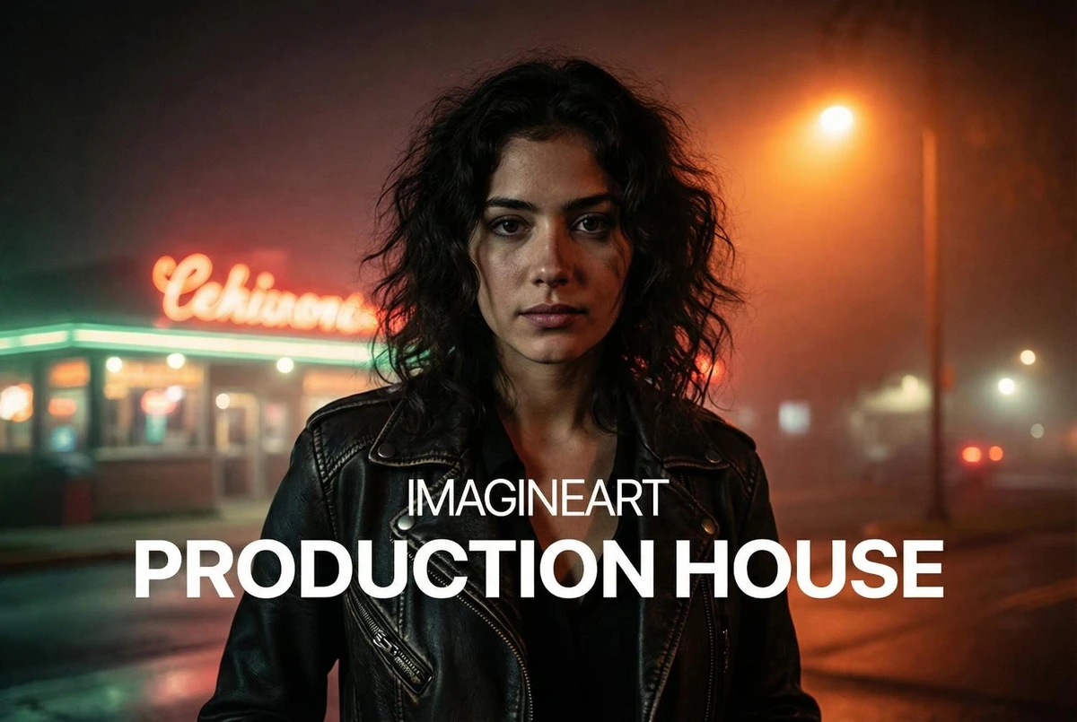 Imagineart AI-generated cinematic portrait of a woman in a leather jacket against a neon-lit urban night scene.