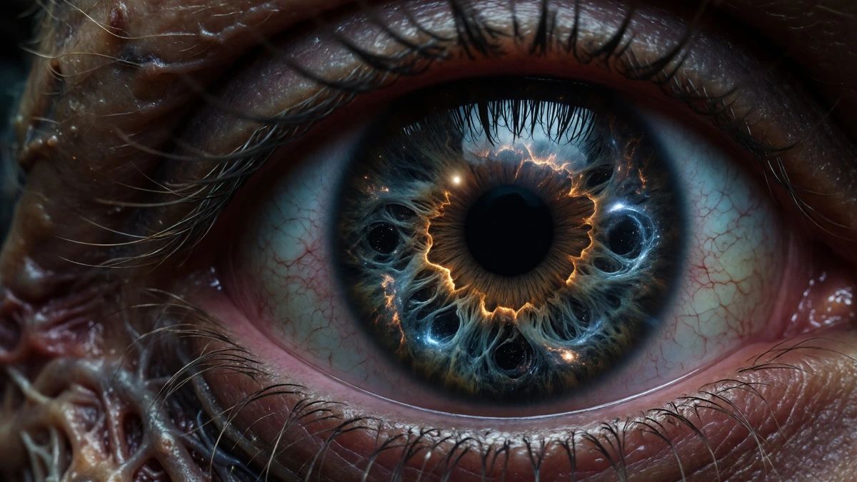 imagineart output sample showing a surreal, hyperrealistic human eye with a glowing, cosmic galaxy-like iris.
