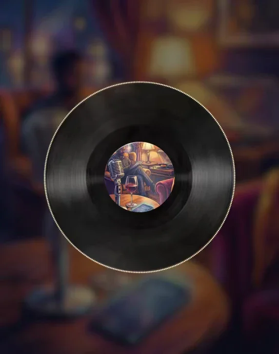 imagineart output sample showing a stylized vinyl record with a detailed illustration of a person relaxing in a lounge, rendered in a warm, artistic style.