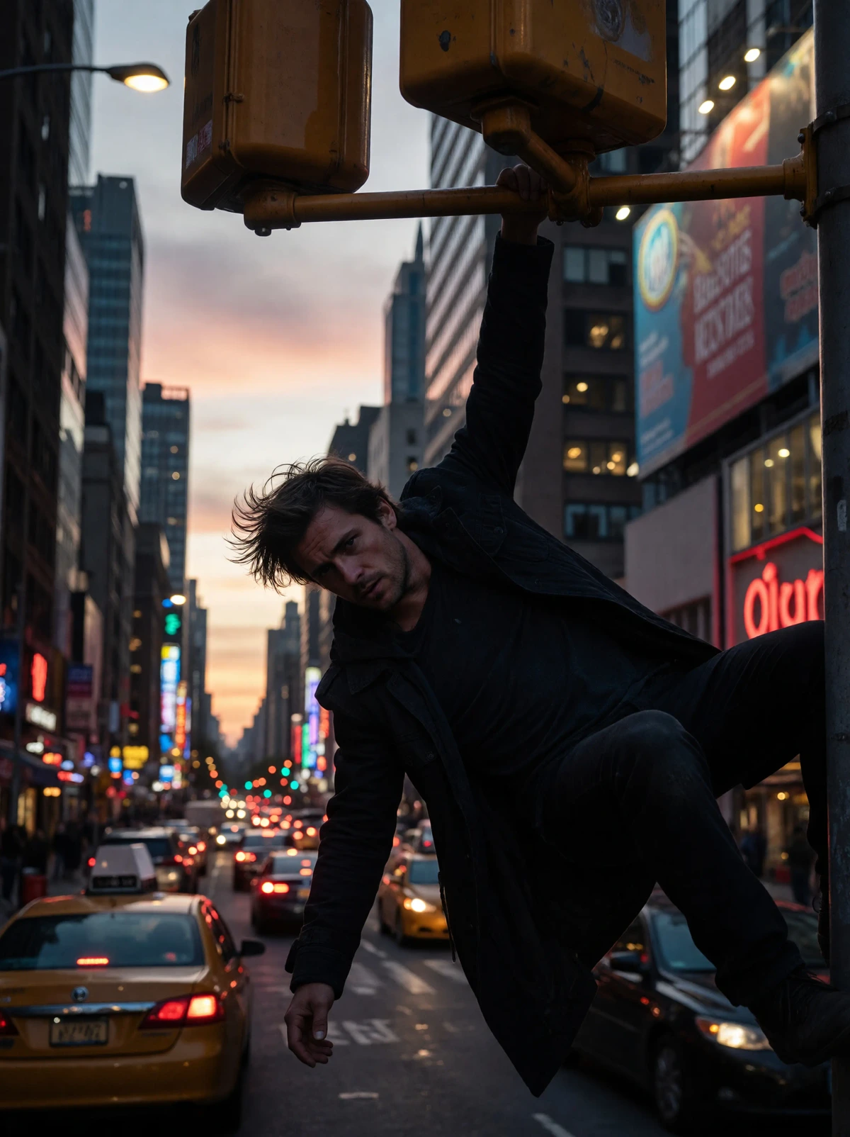 imagineart output sample showing a man hanging from a traffic light in a dramatic urban setting.