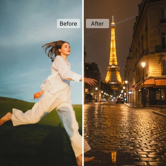 Imagineart output showing a before and after transformation from a bright outdoor portrait to a dramatic Parisian night scene.