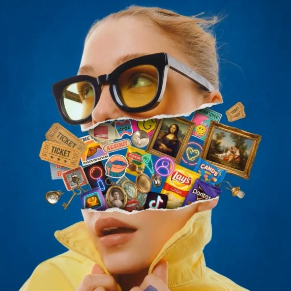 imagineart output sample showing surreal digital art of a woman's face revealing a vibrant collage of pop culture and classic art elements.