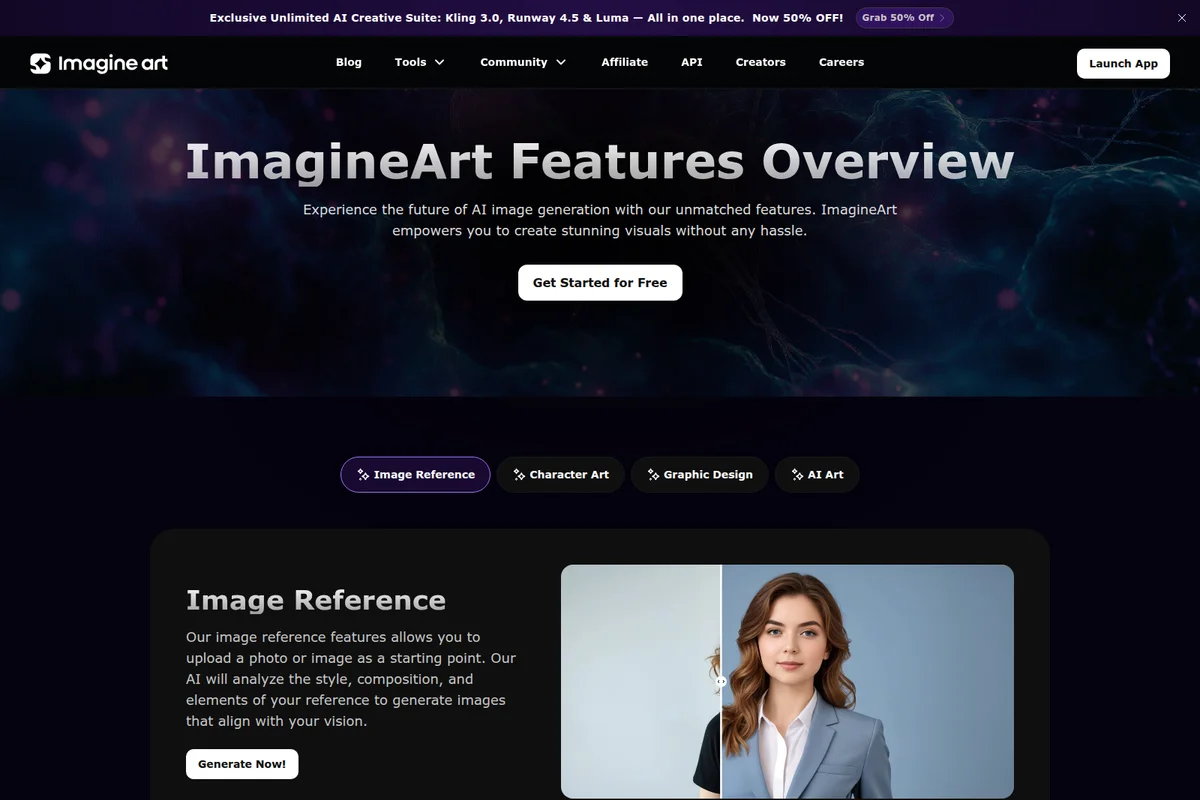 ImagineArt features page showing the 'Image Reference' feature with a split-screen demonstration of a portrait against a plain background, within a dark-themed UI.