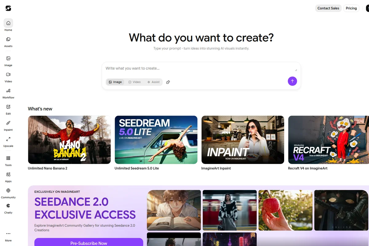 ImagineArt AI visual creation workspace showing prompt input and generated media examples with a clean modern interface.